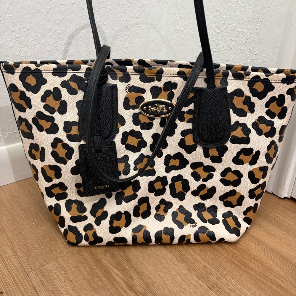 Coach Leopard Print Canvas Tote Bag in Black and Tan